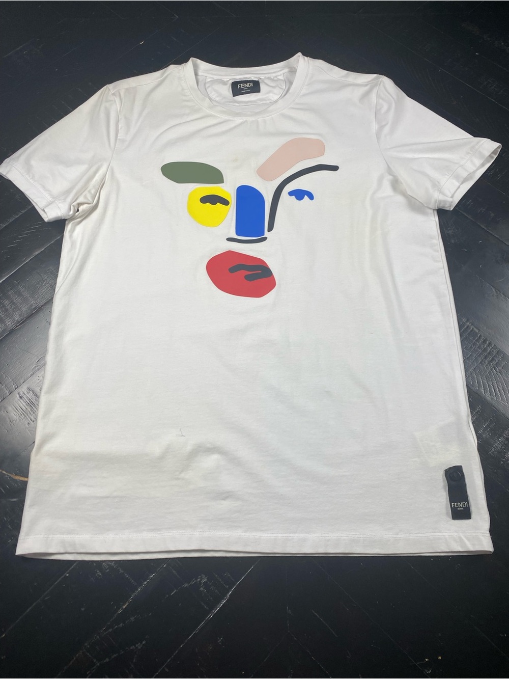 Fendi White Short-Sleeve Tee with Multicolor Abstract Face Print.